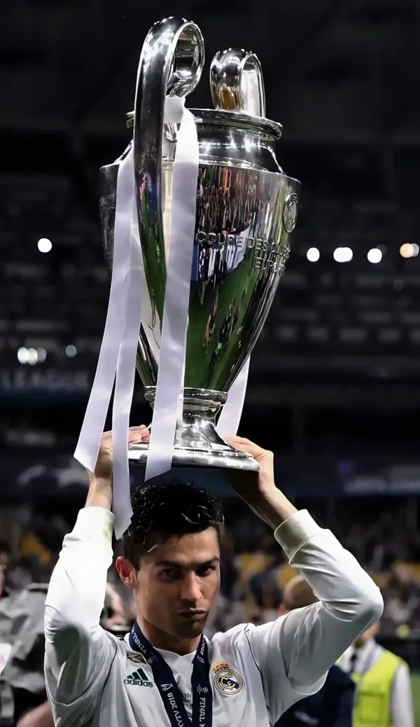عکس کریستیانو رونالدو در لباس رئال مادرید در حال بالا بردن جام لیگ قهرمانان اروپا