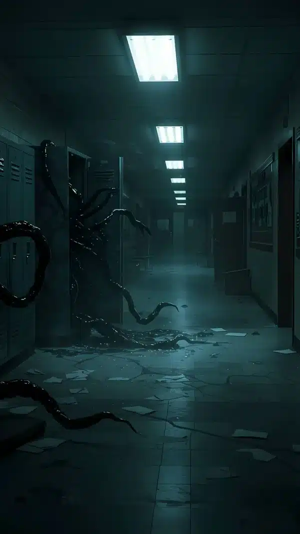 شهر Hawkins در شب با نورهای قرمز Upside Down - والپیپر HD