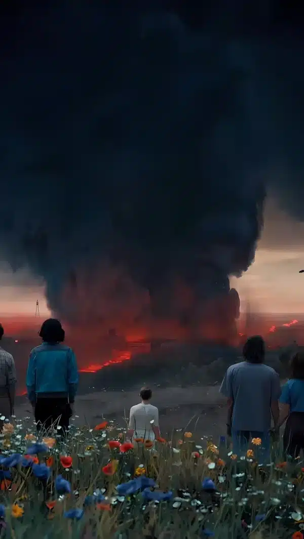 شهر Hawkins در شب با نورهای قرمز Upside Down - والپیپر HD