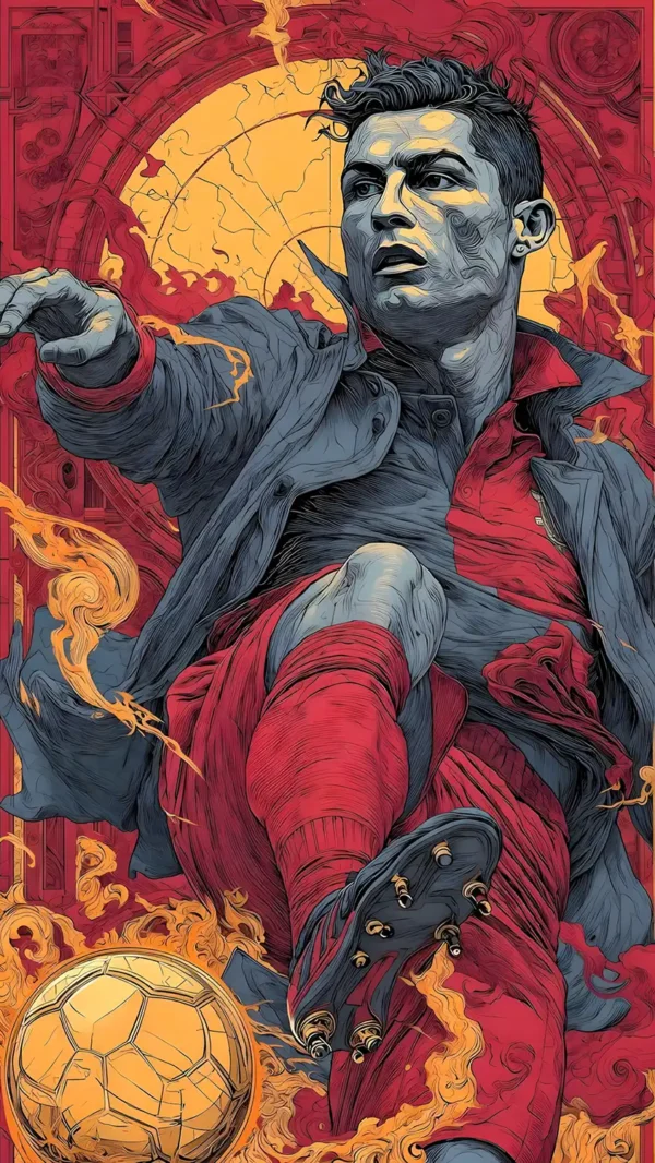 تصویر پروفایل کریستیانو رونالدو با پس‌زمینه طراحی گرافیکی مدرن و ترکیب رنگ‌های تیره و طلایی