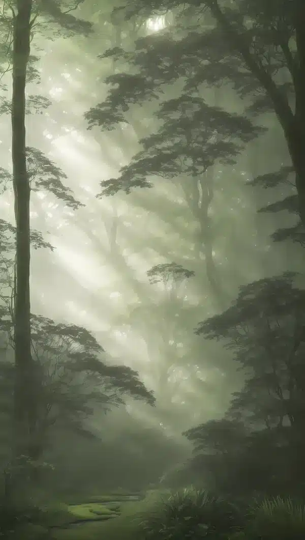 والپیپر جنگل مه‌آلود صبحگاهی