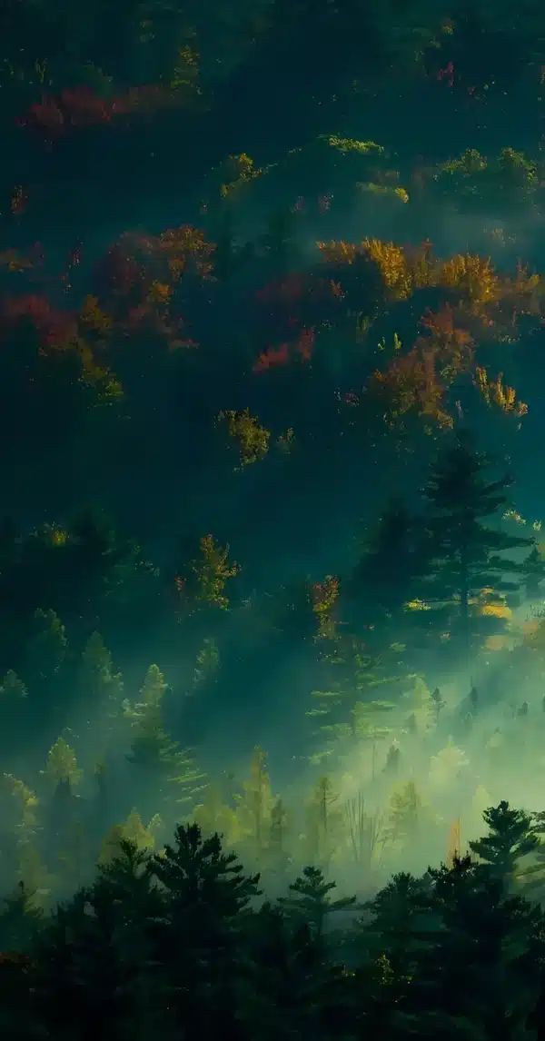 والپیپر جنگل مه‌آلود صبحگاهی