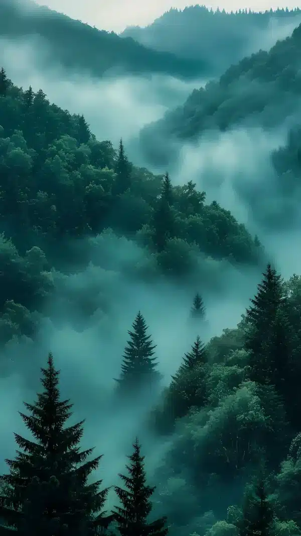 والپیپر جنگل مه‌آلود صبحگاهی