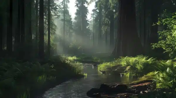 والپیپر جنگل مه‌آلود صبحگاهی