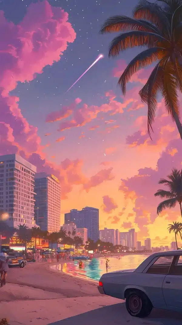 ساحل وایس‌سیتی در غروب آفتاب GTA 6 - والپیپر 4K