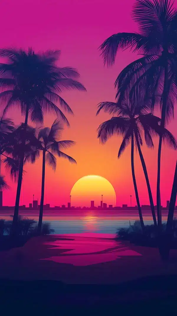 ساحل وایس‌سیتی در غروب آفتاب GTA 6 - والپیپر 4K