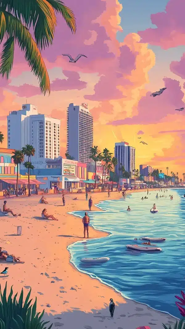 ساحل وایس‌سیتی در غروب آفتاب GTA 6 - والپیپر 4K