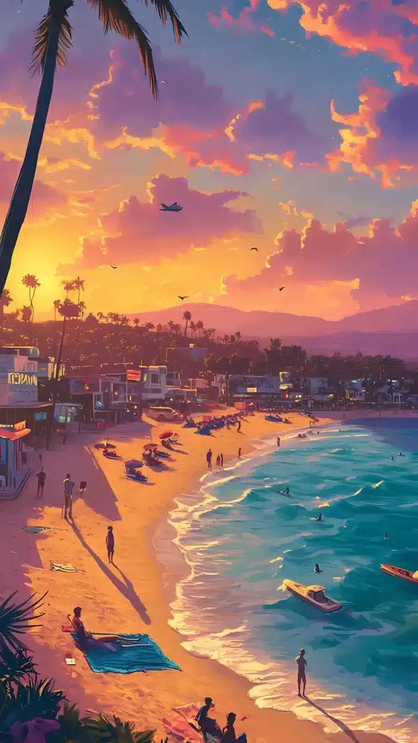 ساحل وایس‌سیتی در غروب آفتاب GTA 6 - والپیپر 4K