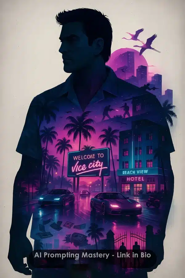 نمای شهر وایس‌سیتی GTA 6 با نورهای نئونی صورتی - والپیپر 4K