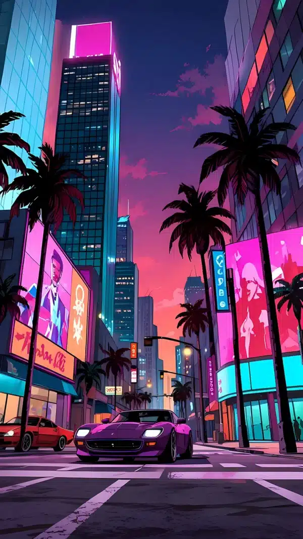 نمای شهر وایس‌سیتی GTA 6 با نورهای نئونی صورتی - والپیپر 4K