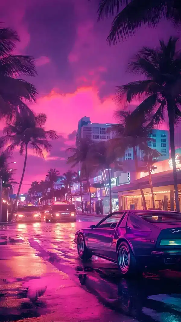 نمای شهر وایس‌سیتی GTA 6 با نورهای نئونی صورتی - والپیپر 4K