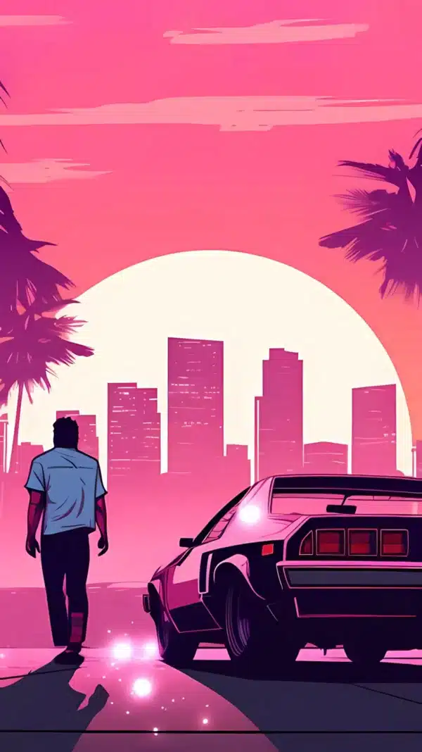 نمای شهر وایس‌سیتی GTA 6 با نورهای نئونی صورتی - والپیپر 4K