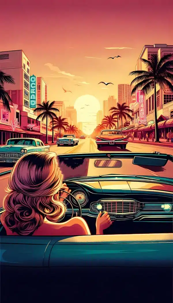 نمای شهر وایس‌سیتی GTA 6 با نورهای نئونی صورتی - والپیپر 4K