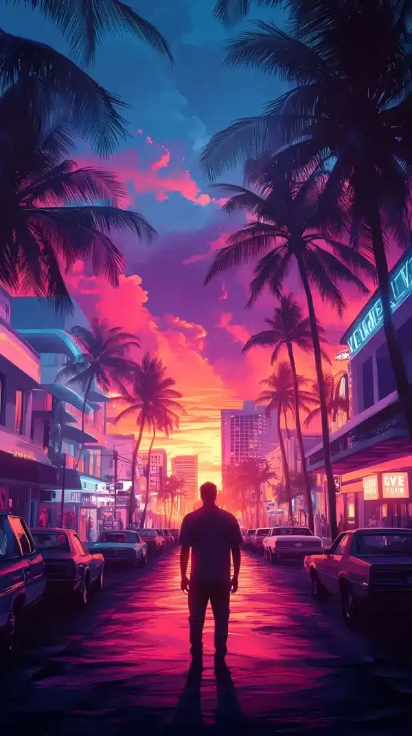 نمای شهر وایس‌سیتی GTA 6 با نورهای نئونی صورتی - والپیپر 4K