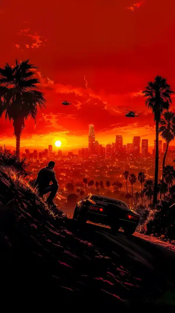 نمای شهر وایس‌سیتی GTA 6 با نورهای نئونی صورتی - والپیپر 4K