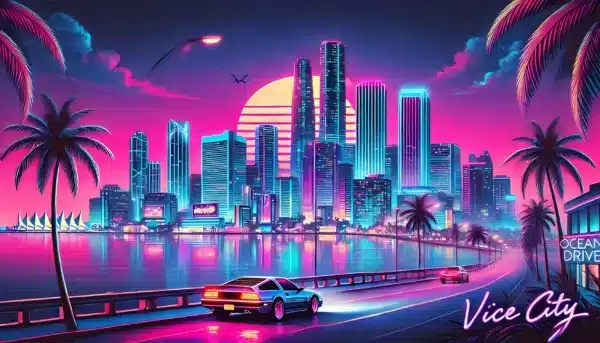 نمای شهر وایس‌سیتی GTA 6 با نورهای نئونی صورتی - والپیپر 4K