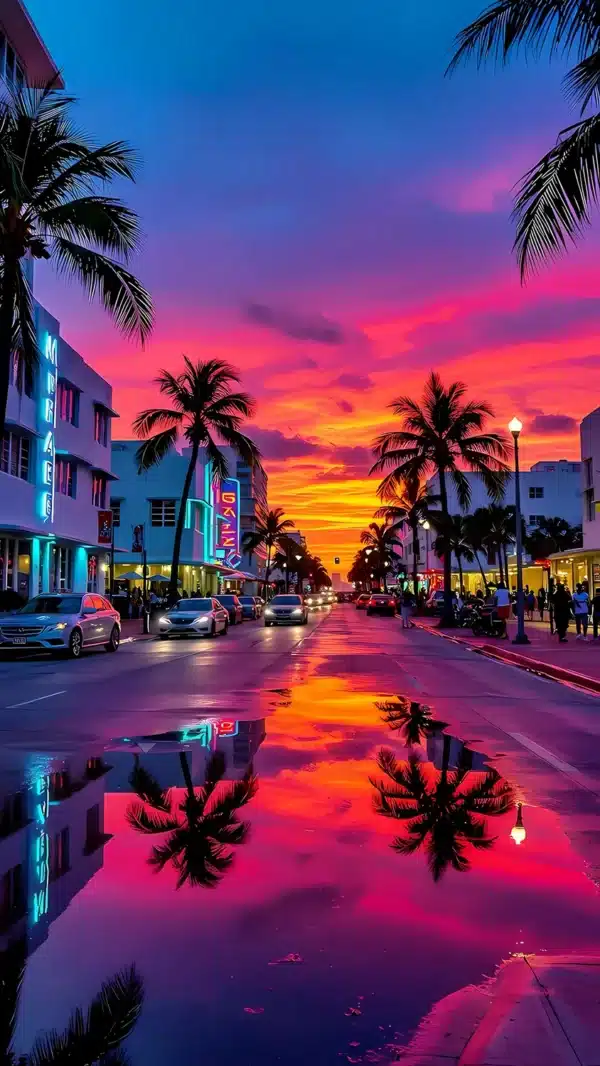 نمای شهر وایس‌سیتی GTA 6 با نورهای نئونی صورتی - والپیپر 4K