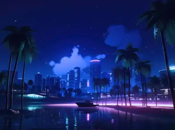 نمای شهر وایس‌سیتی GTA 6 با نورهای نئونی صورتی - والپیپر 4K