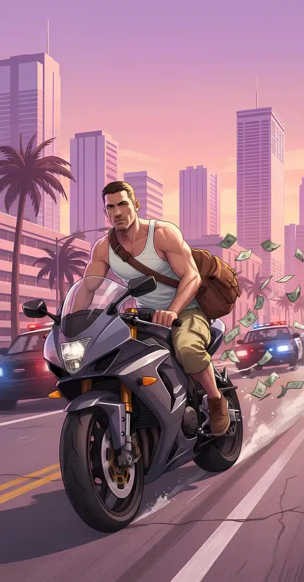 موتورسیکلت کلاسیک در ساحل وایس‌سیتی GTA 6 - والپیپر HD