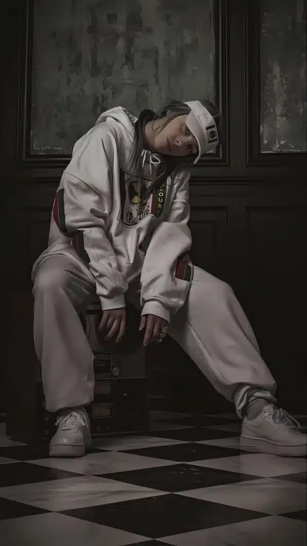 تصویر زمینه بیلی آیلیش با لباس‌های گشاد و اسپرت