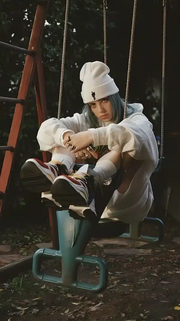 تصویر زمینه بیلی آیلیش با لباس‌های گشاد و اسپرت