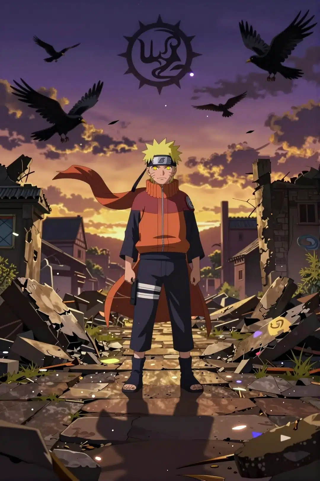 والپیپر ناروتو در میان ویرانه‌های روستای برگ پنهان با نور غروب آفتاب