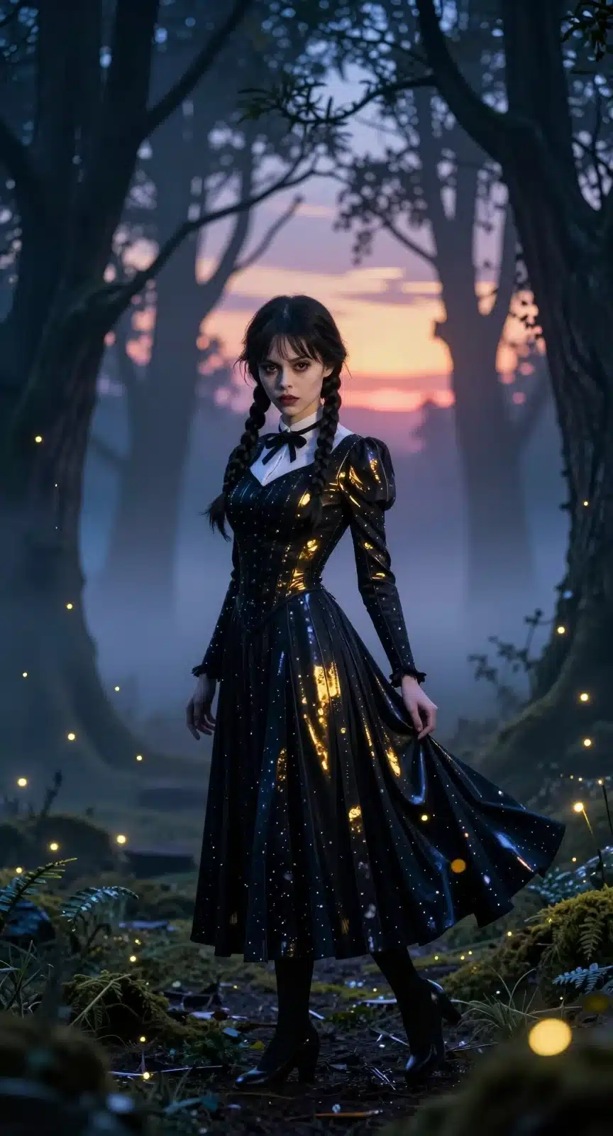 ونزدی آدامز در جنگل افسون‌شده با نورپردازی طلایی و سایه‌های آبی