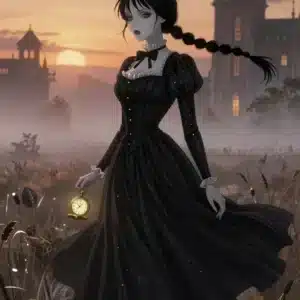 ونزدی آدامز در دشت مه‌آلود با لباس سیاه و ساعت جیبی طلایی، طراحی انیمه‌ای با کیفیت 8K