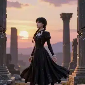 ونزدی آدامز در ویرانه‌های باستانی با نور طلایی و افکت انیمه‌ای