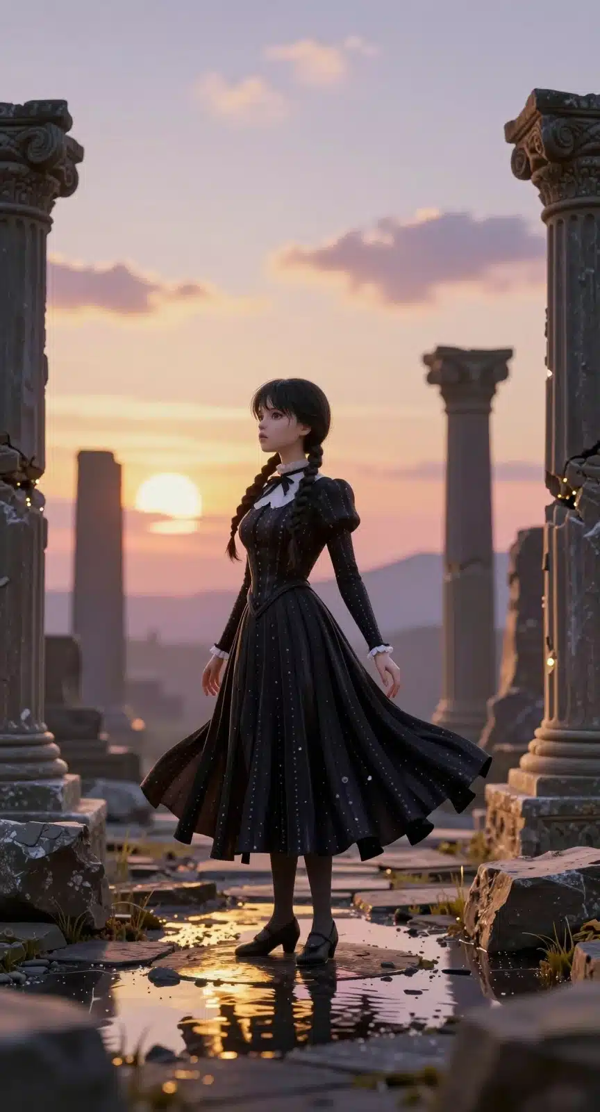 ونزدی آدامز در ویرانه‌های باستانی با نور طلایی و افکت انیمه‌ای