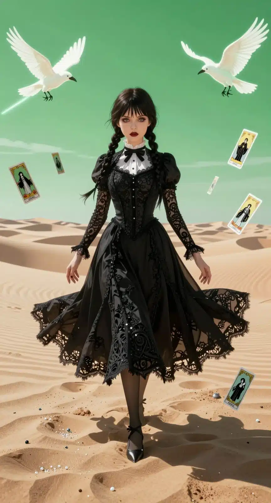 والپیپر انیمه‌ای ونزدی آدامز در بیابان سورئال با رنگ‌های پاستلی و افکت نور