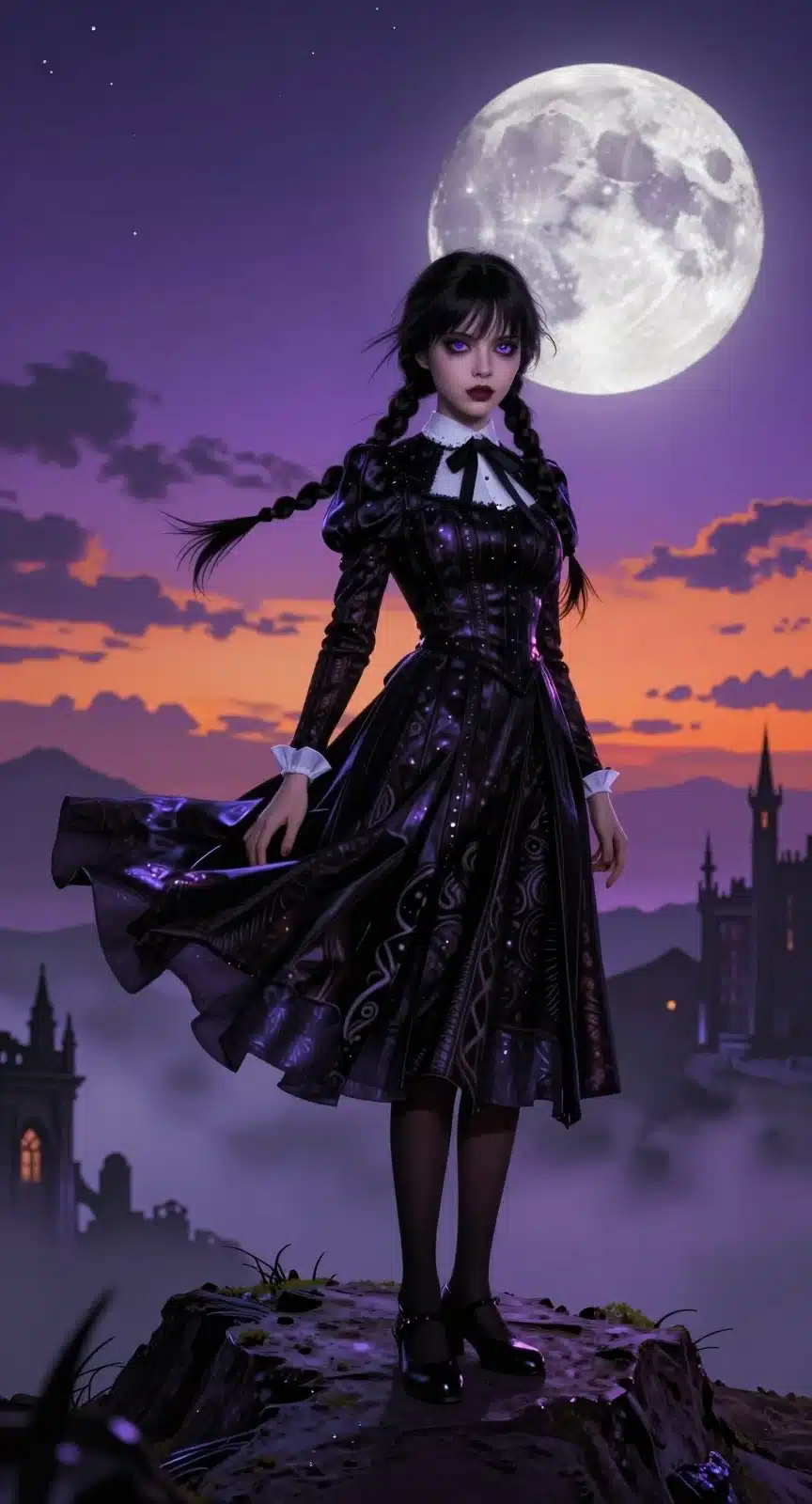 والپیپر انیمه‌ای ونزدی آدامز در کوهستان با نور ماه و جلوه‌های نئون