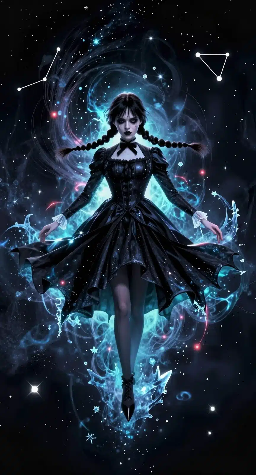 والپیپر انیمه‌ای ونزدی آدامز در فضای کیهانی با نورهای فیروزه‌ای و ذرات یخی