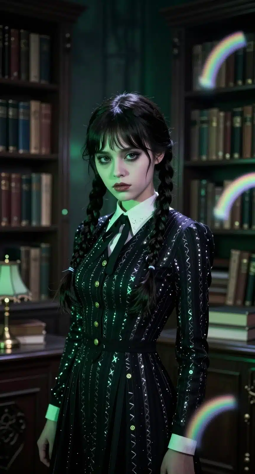 پرتره انیمه‌ای ونزدی آدامز در یک کتابخانه گوتیک با نورپردازی زمردی