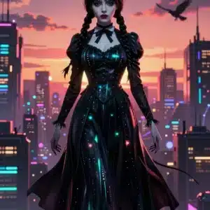 والپیپر انیمه‌ای ونزدی آدامز در شهر نئونی با نورهای فیروزه‌ای و مرجانی