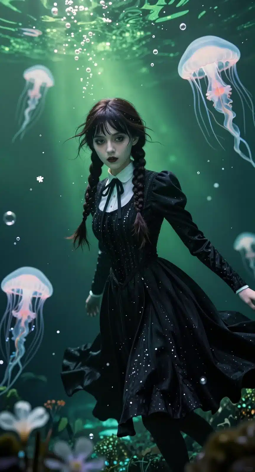 والپیپر انیمه‌ای ونزدی آدامز در محیط زیر آب با نورهای آبی و سبز و عروس‌های دریایی نورانی