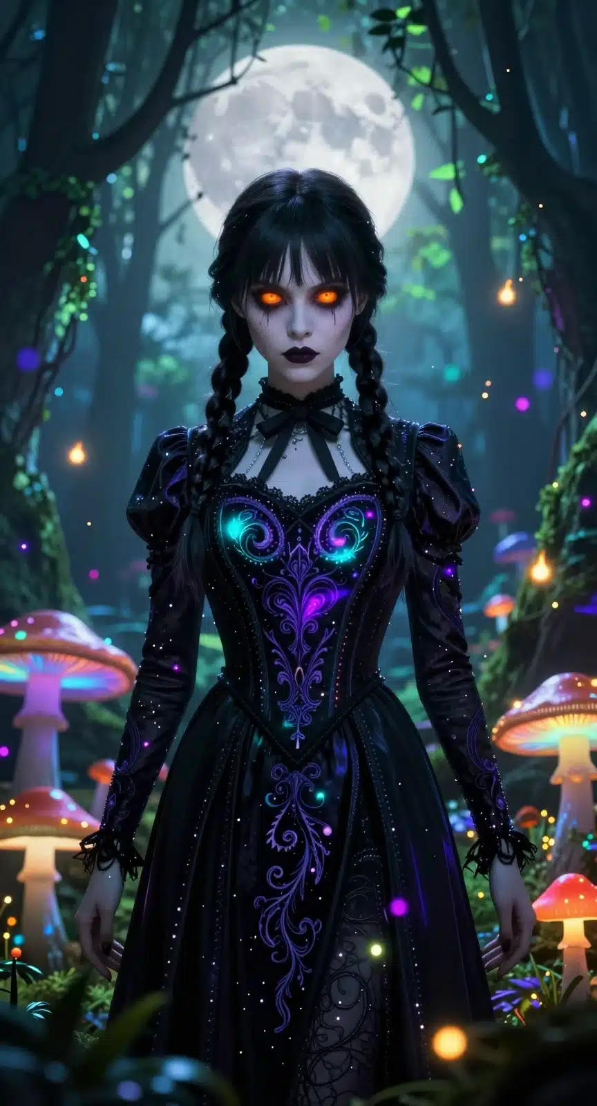 والپیپر انیمه ونزدی آدامز در جنگل جادویی با نورهای نئون و لباس سیاه گلدوزی شده
