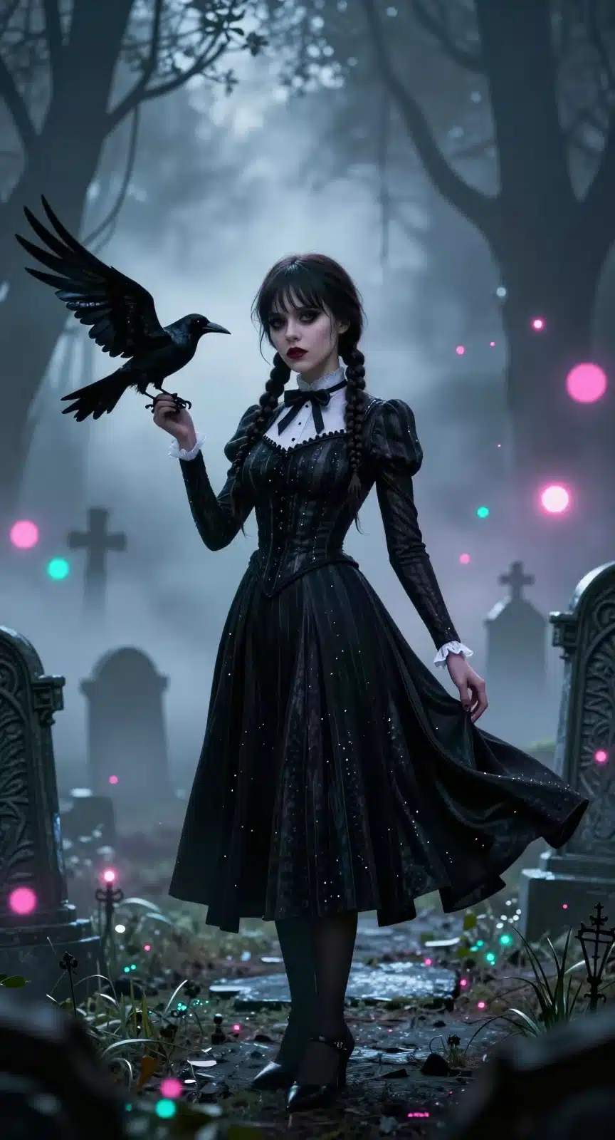 والپیپر انیمه ونزدی آدامز در گورستان با نورهای نئون