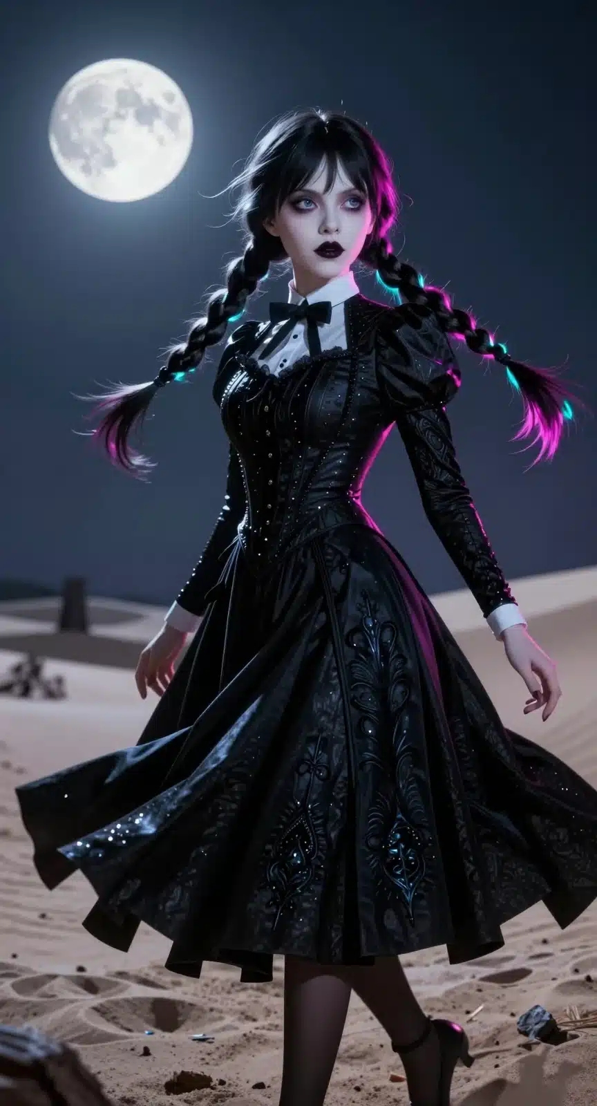 والپیپر انیمه‌ای ونزدی آدامز در بیابان با نور ماه و افکت‌های نئون