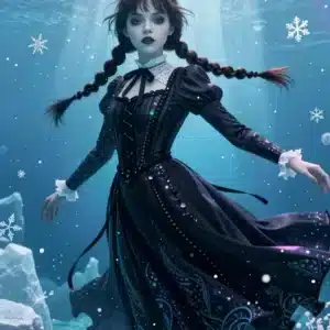 والپیپر انیمه‌ای ونزدی آدامز با لباس مشکی در محیط زیرآبی قطبی با نورهای نئون آبی و صورتی