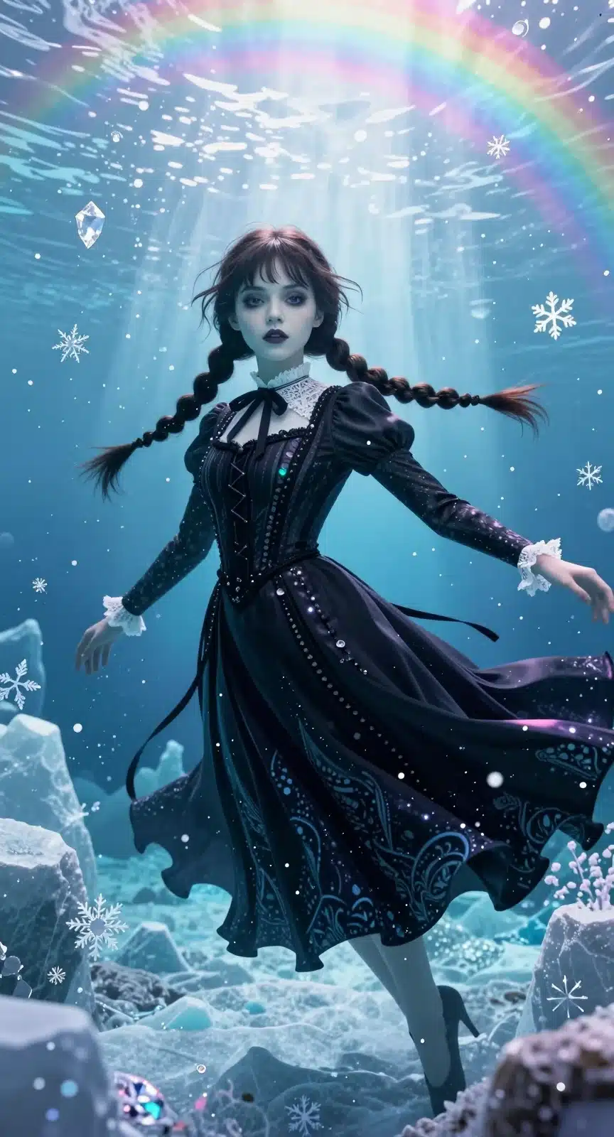 والپیپر انیمه‌ای ونزدی آدامز با لباس مشکی در محیط زیرآبی قطبی با نورهای نئون آبی و صورتی