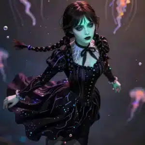 والپیپر انیمه‌ای ونزدی آدامز در صحنه‌ای سورئال زیر آب با نورپردازی نئون و جلوه‌های ویژه