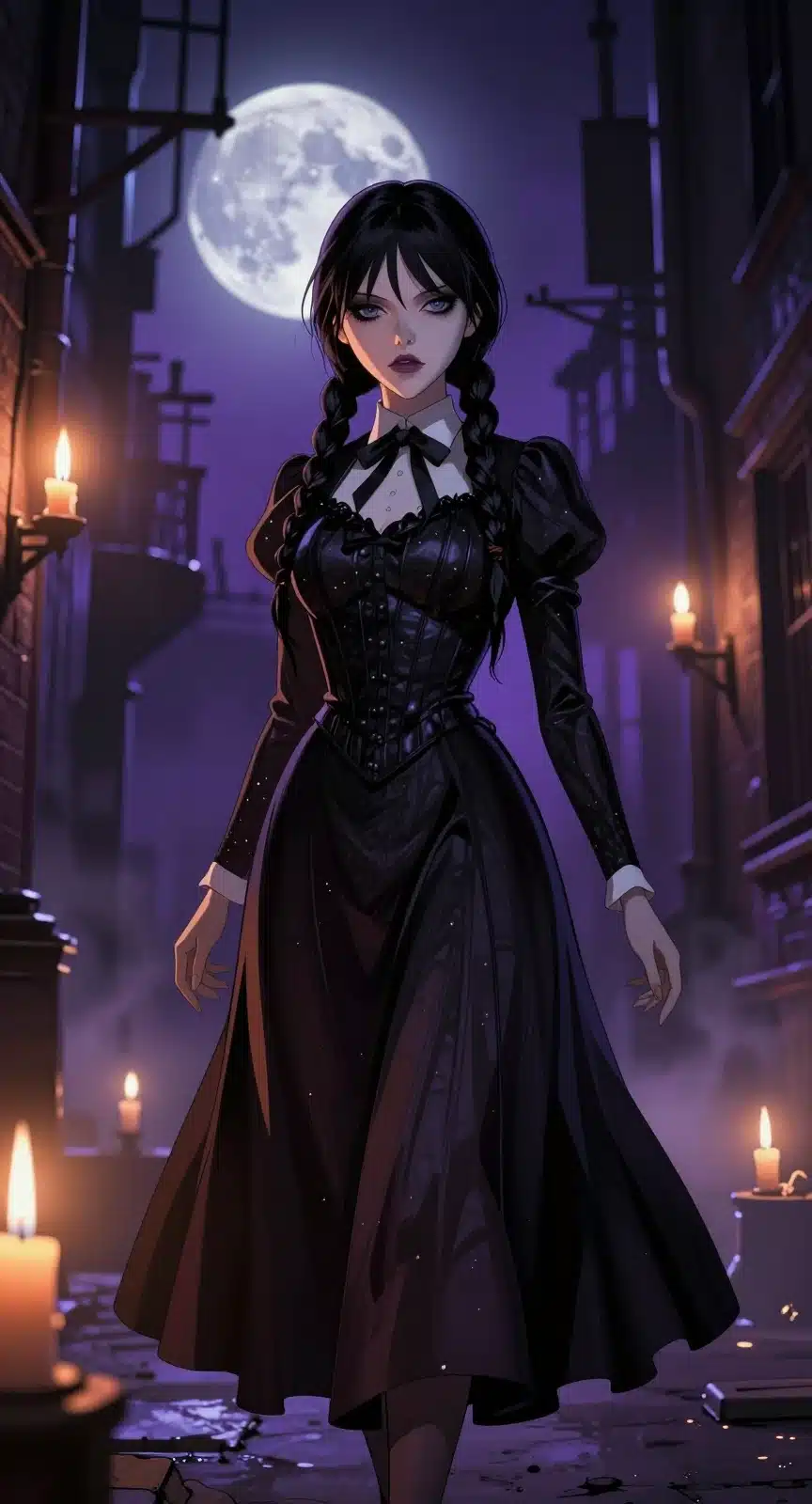 والپیپر انیمه‌ای ونزدی آدامز در یک کوچه تاریک با نور شمع