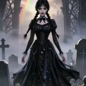 والپیپر انیمه 8K از ونزدی آدامز در قبرستان مه‌آلود با نورپردازی سینمایی