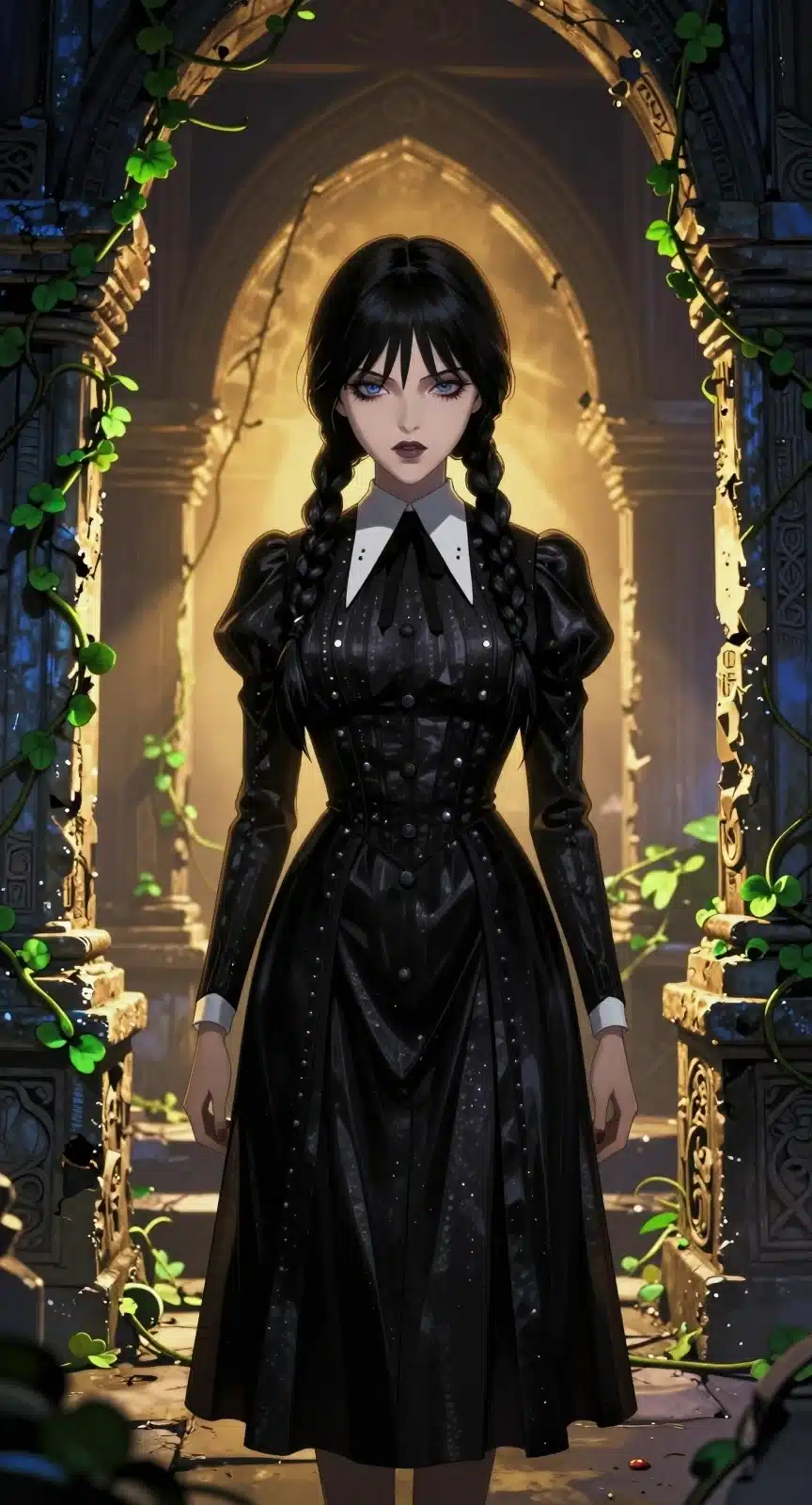 والپیپر انیمه‌ای ونزدی آدامز با نور طلایی در میان ویرانه‌های باستانی