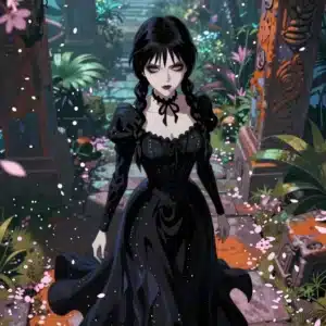 ونزدی آدامز در میان ویرانه‌های باستانی با لباس سیاه و گل‌های صورتی در حال پرواز - والپیپر انیمه‌ای 8K