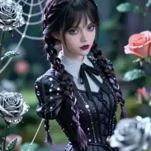 ونزدي در باغ گوتیک با نور ماه و گل‌های نقره‌ای، والپیپر انیمه 8K