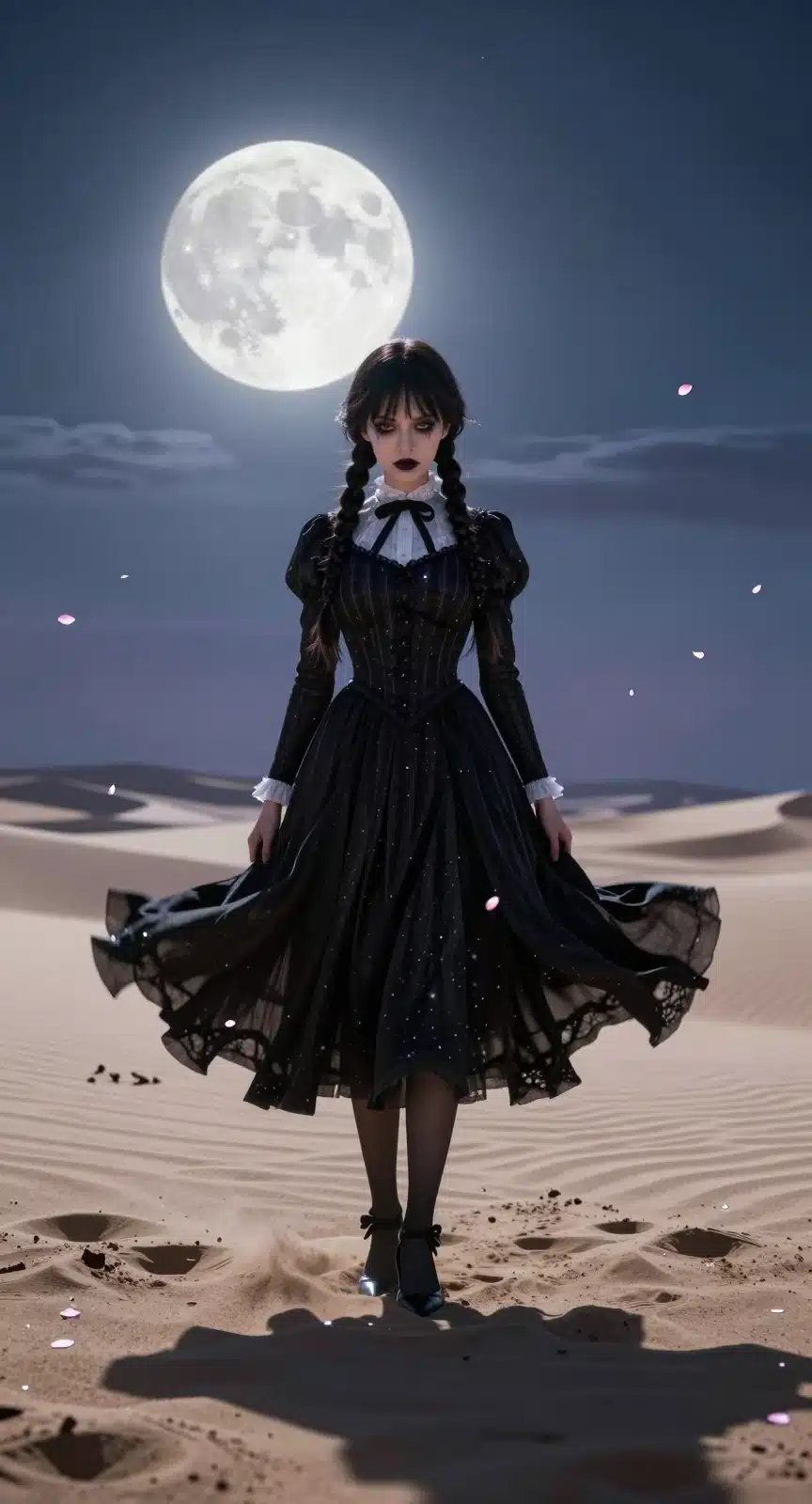 والپیپر انیمه‌ای ونزدی آدامز در بیابان با افکت‌های نوری و ذرات ساکورا