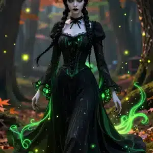 ونزدی آدامز در جنگل اسرارآمیز با لباس سیاه و جلوه‌های نئونی سبز