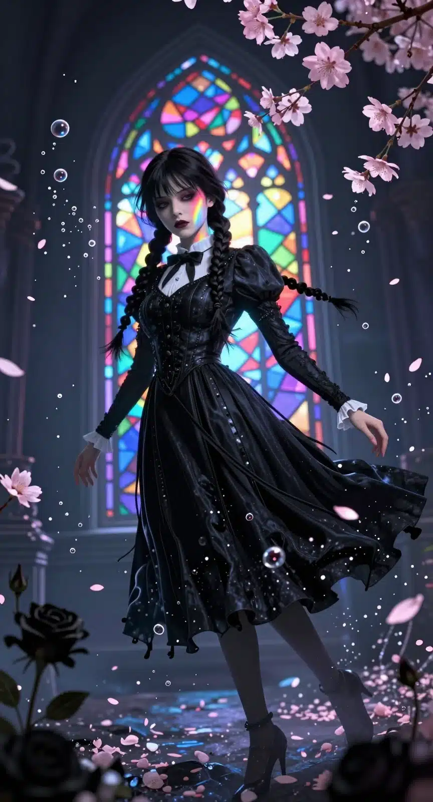 والپیپر انیمه‌ای ونزدی آدامز در محیط زیر آب با گل‌های گیلاس و نورهای رنگی